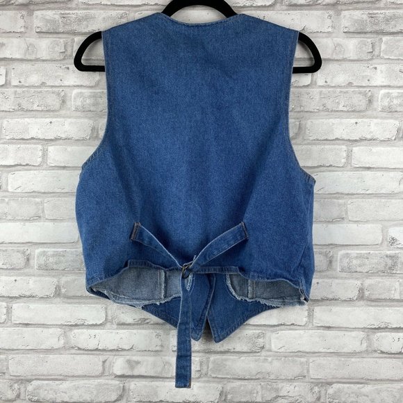 Green Field Denim Vest Black Fringe Rhinestones Metal Button Large Back Buckle - Picture 2 of 3